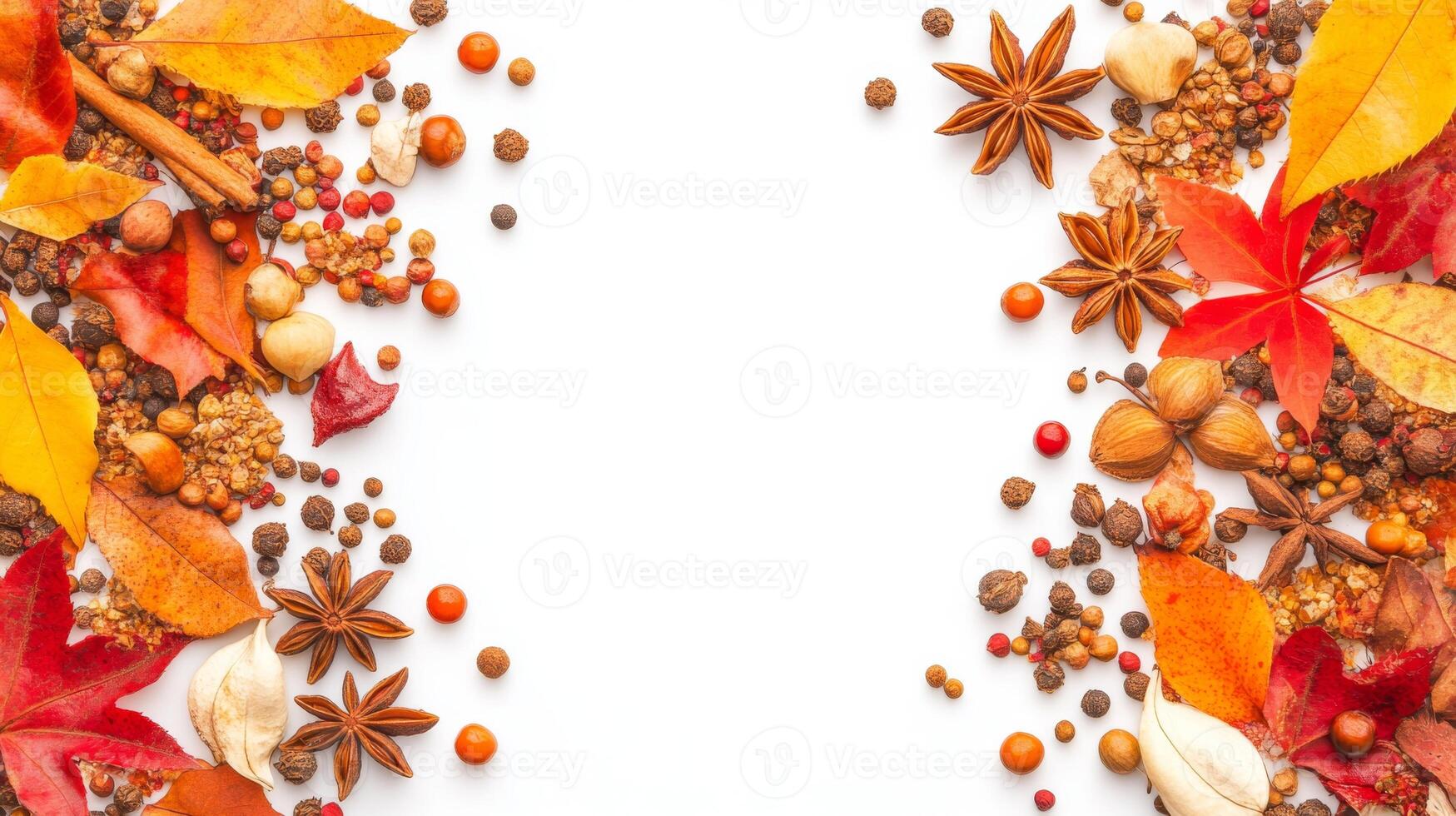 A frame of spices nuts and foliage with an empty space in the center photo