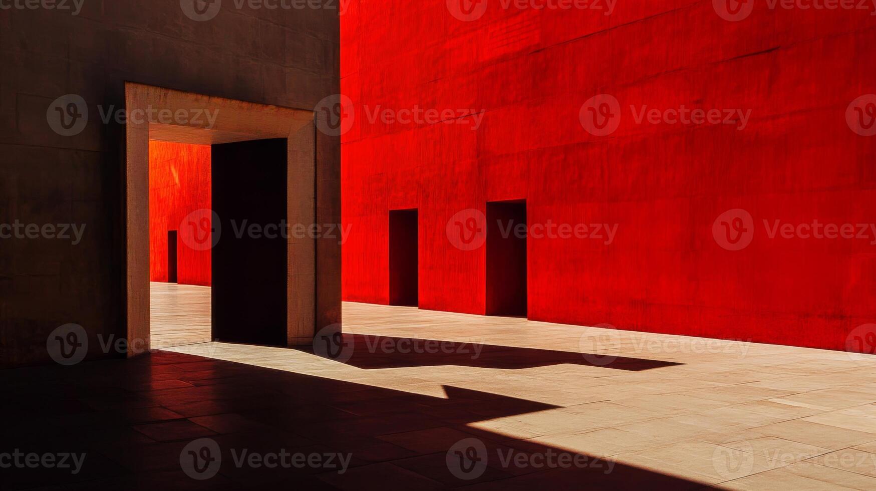 Vibrant Red Wall with Doorways and Strong Shadows photo