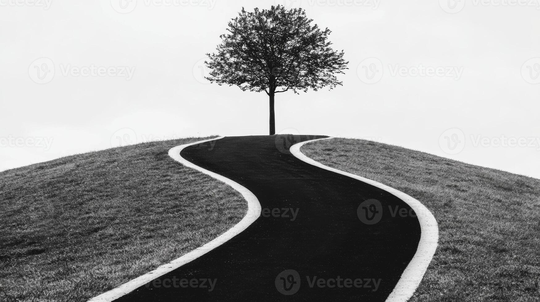 Solitary Tree and Winding Path on Grassy Hill photo