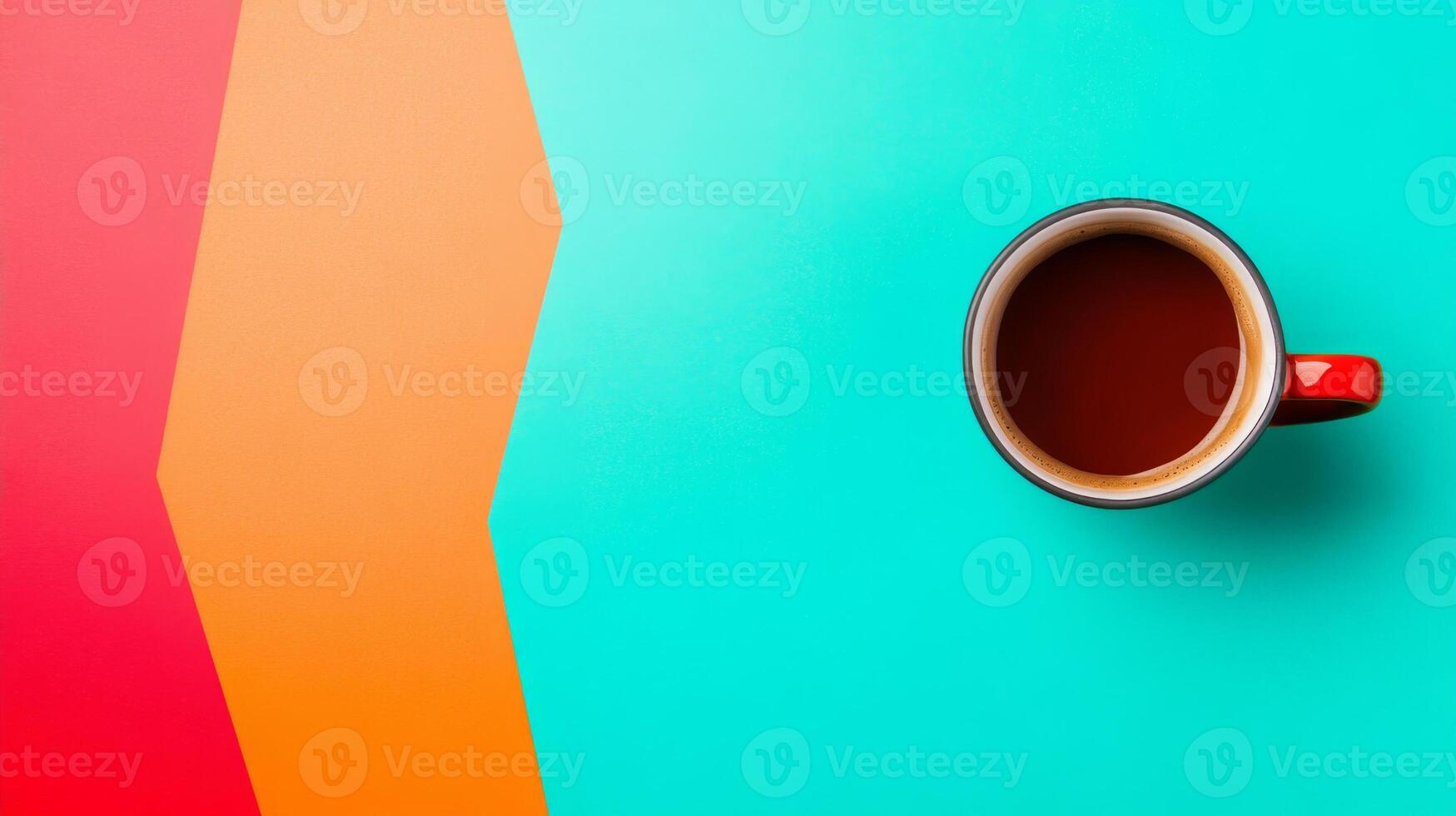 Red mug with hot drink on colorful background photo