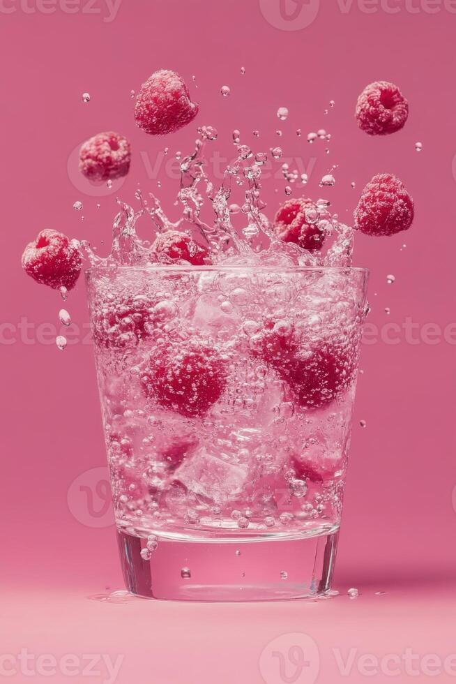 Vibrant Raspberry Dropping into Sparkling Water photo
