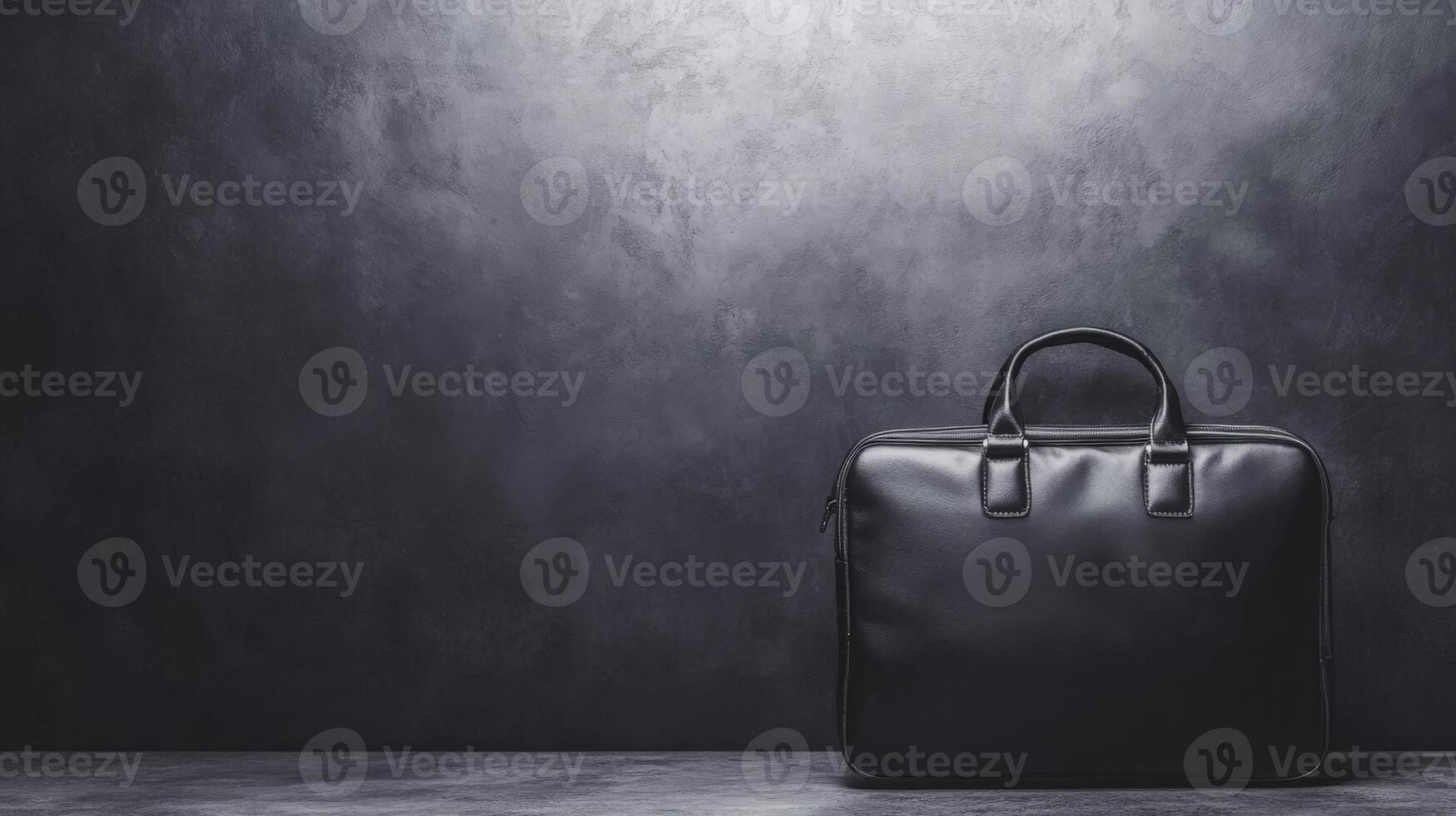 Sleek Black Leather Briefcase Against a Dark Concrete Background photo