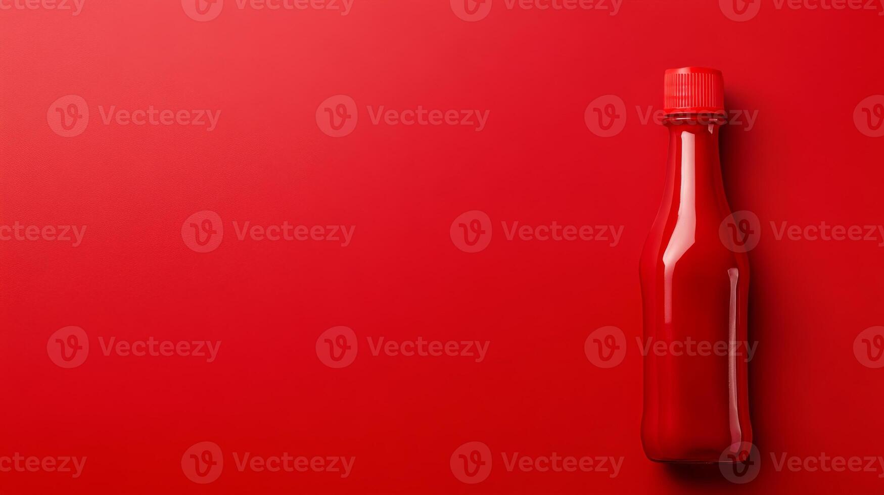Red bottle of tomato ketchup on red surface photo