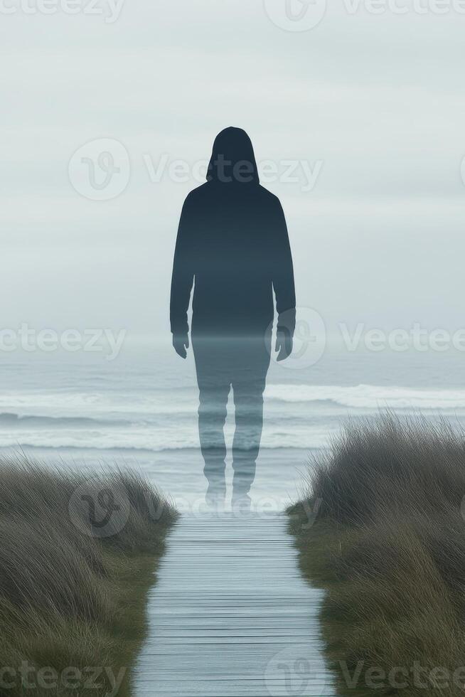 Silhouette of Person in Hoodie on Coastal Path photo