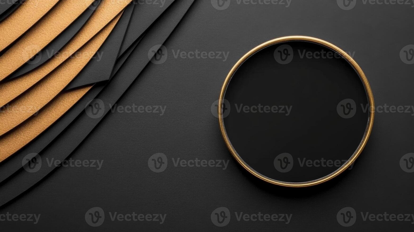 Top View of Gold Rimmed Black Plate with Layered Background photo