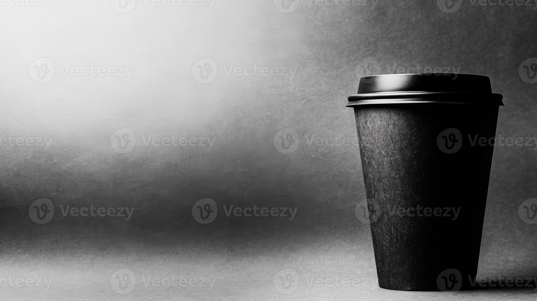 Monochrome black paper cup stands isolated against grey backdrop simple photo