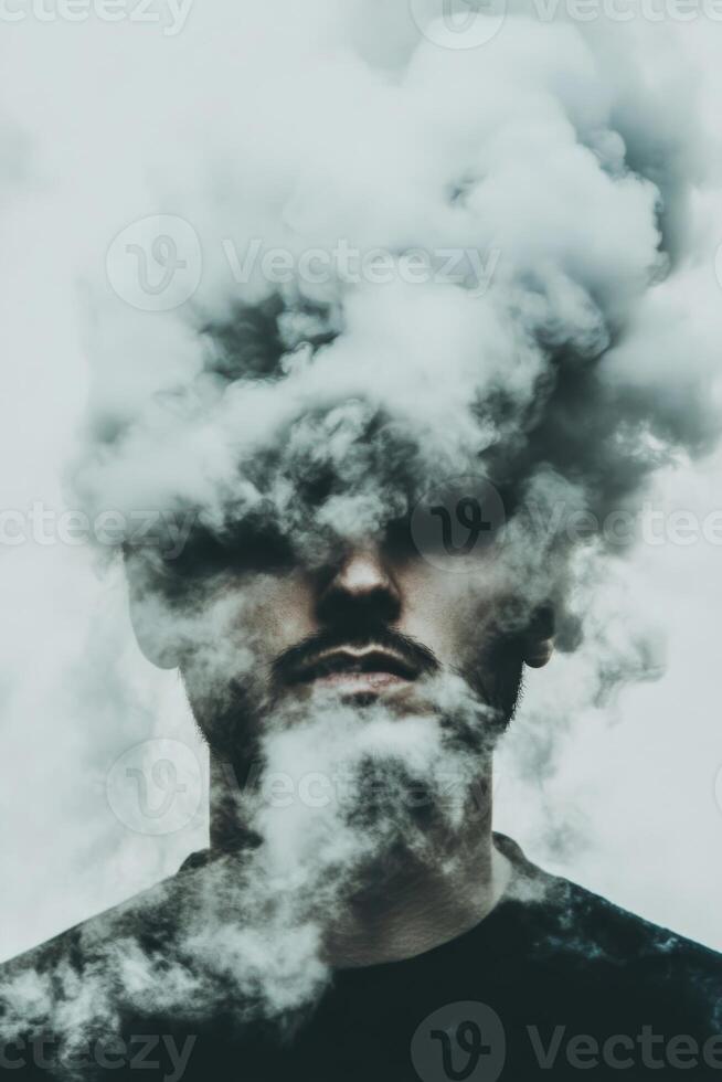 Surreal Portrait of Man with Smoke Forming Hair and Beard photo