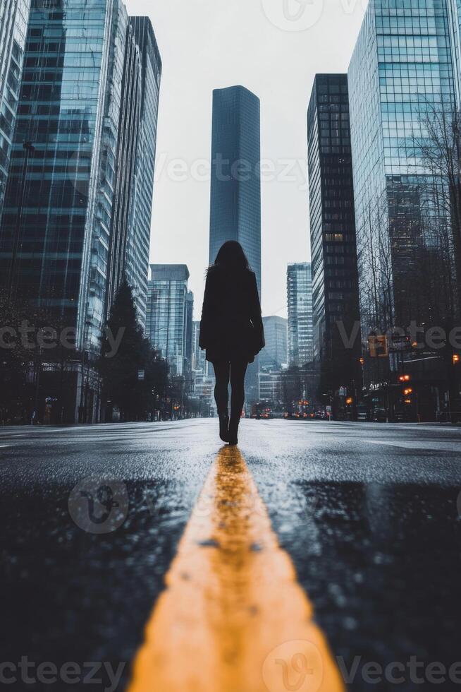 Solitary Woman Walking Urban City Street Marked by Yellow Line in Rainy Atmosphere photo