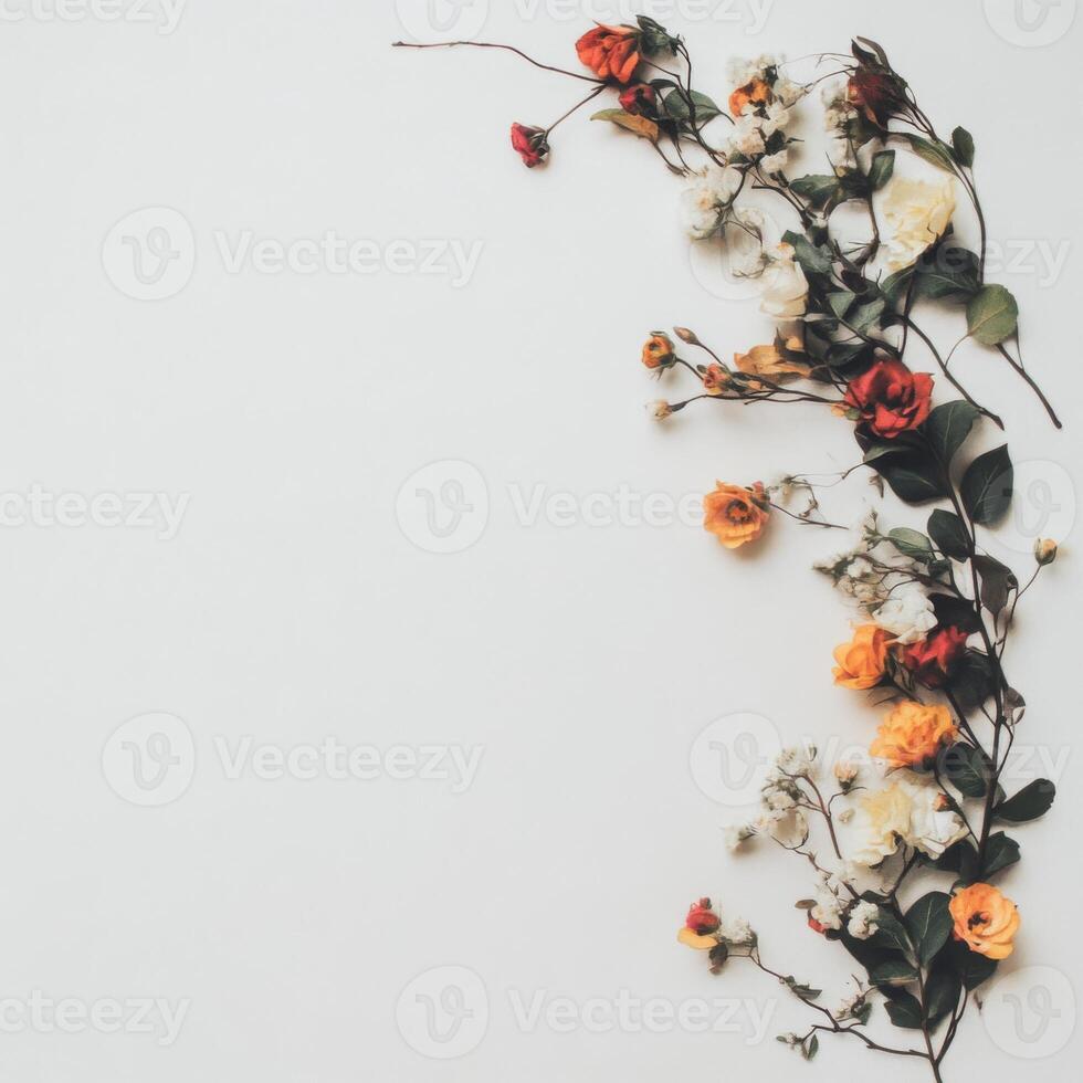Elegant Floral Border with Orange Red and White Roses on White photo