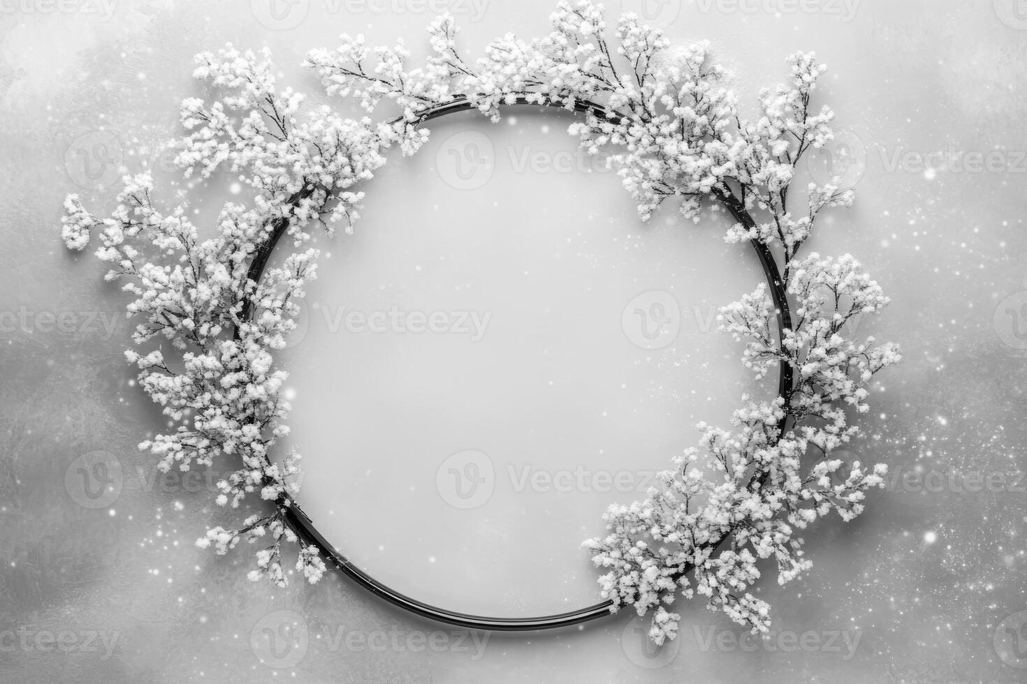 Elegant Monochrome Wreath with White Floral Elements on Grey photo