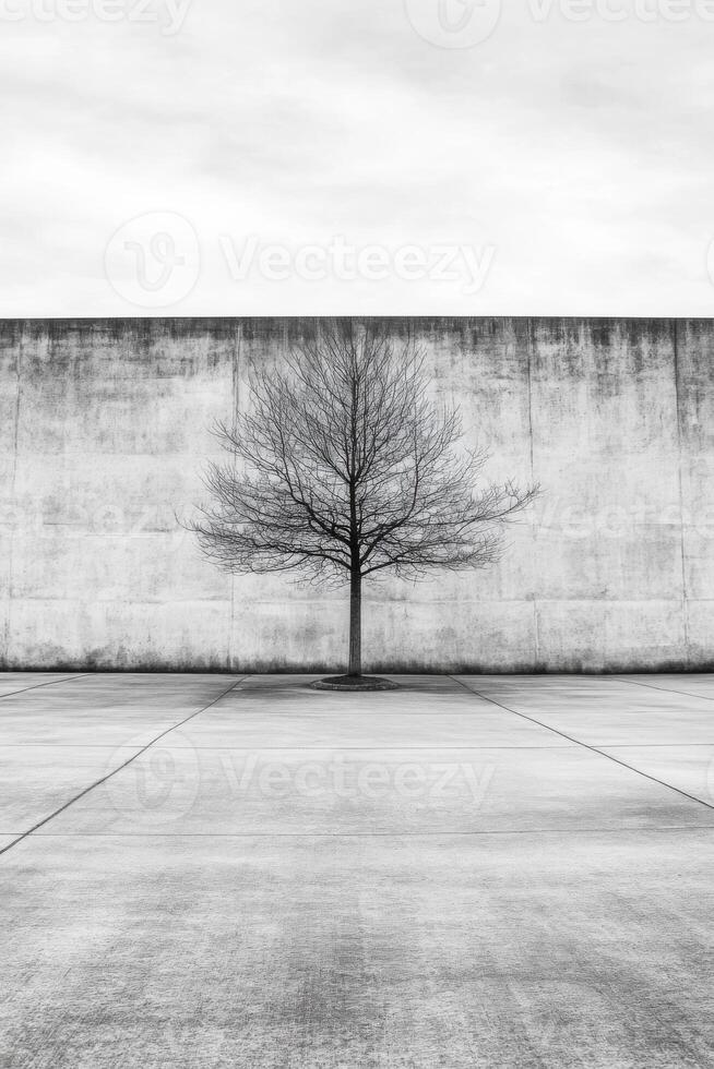 Single Leafless Tree in Urban Setting Black and White Stark Image photo