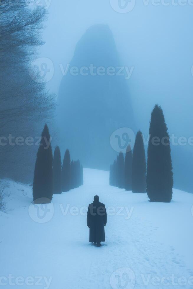 Solitary Figure Walking Snowy Path Towards Misty Mountain Peak photo