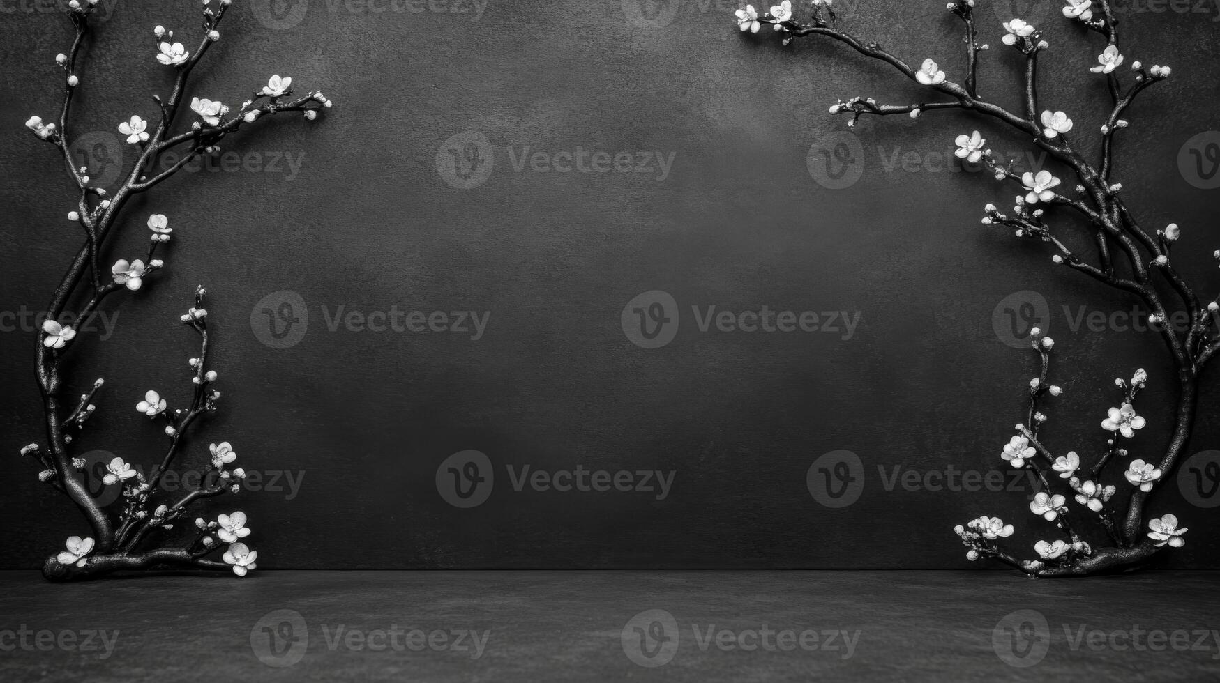 Monochrome Cherry Blossom Branches Frame on Dark Background photo