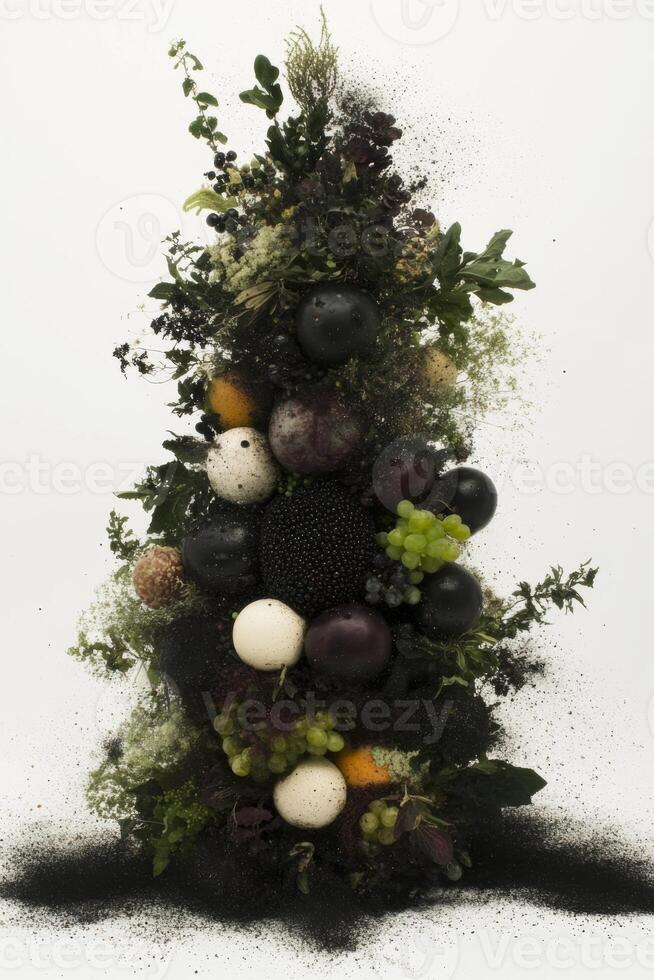 Creative Food Composition in Tree Shape with Mixed Fruits and Greenery photo