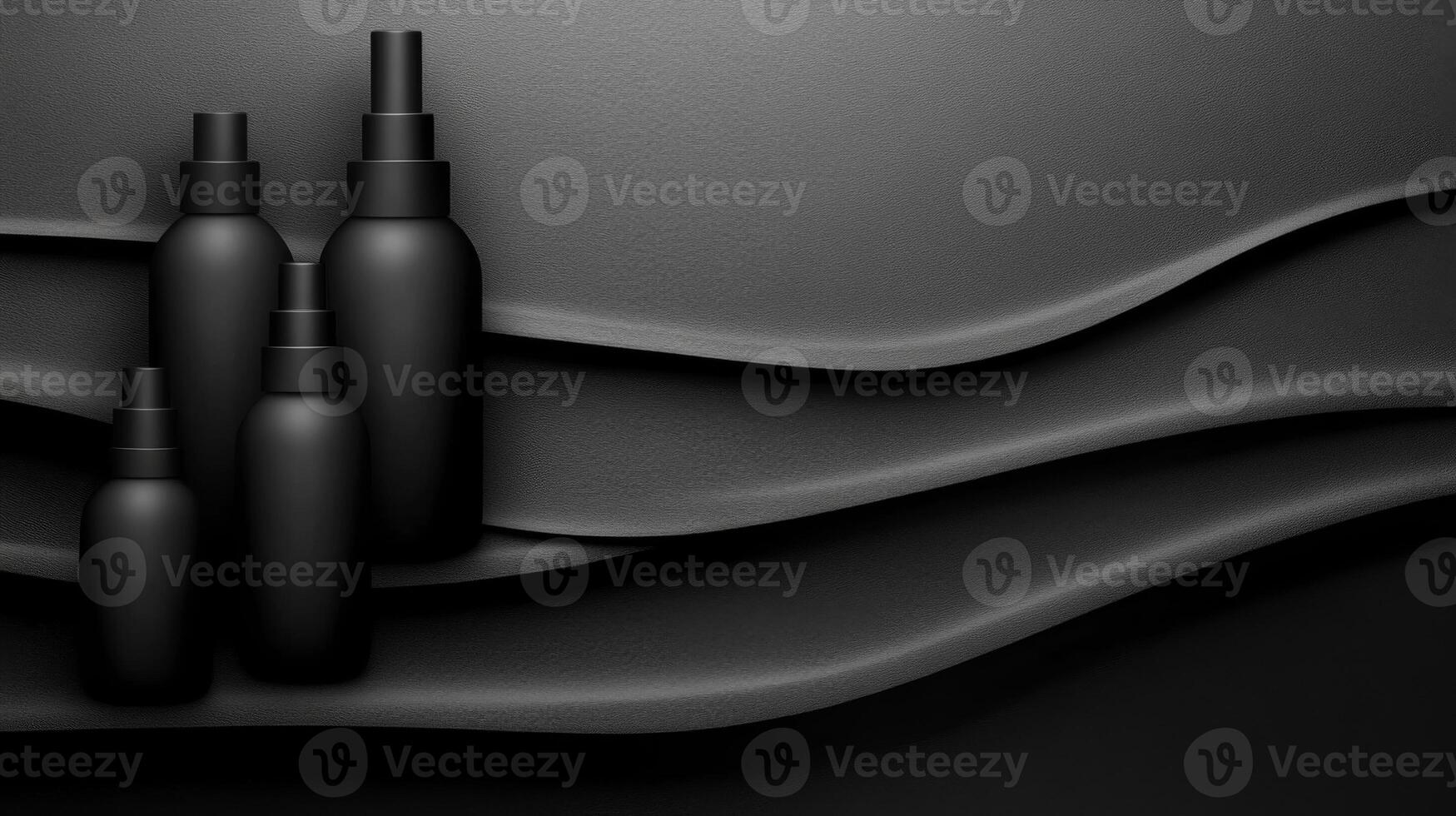 Minimalist Group of Black Product Bottles on Dark Backdrop photo