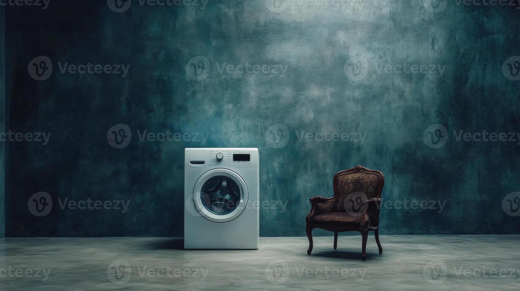 Washing Machine and Armchair in Empty Room Setting photo
