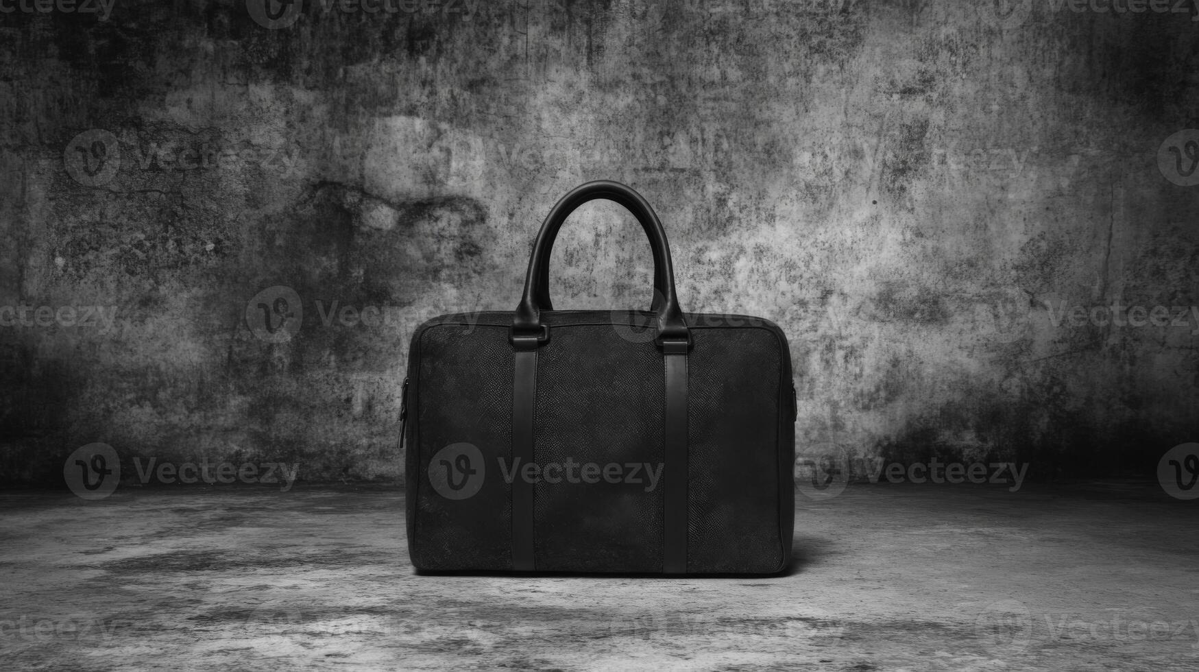 Black Leather Briefcase on Gray Concrete Floor Setting photo
