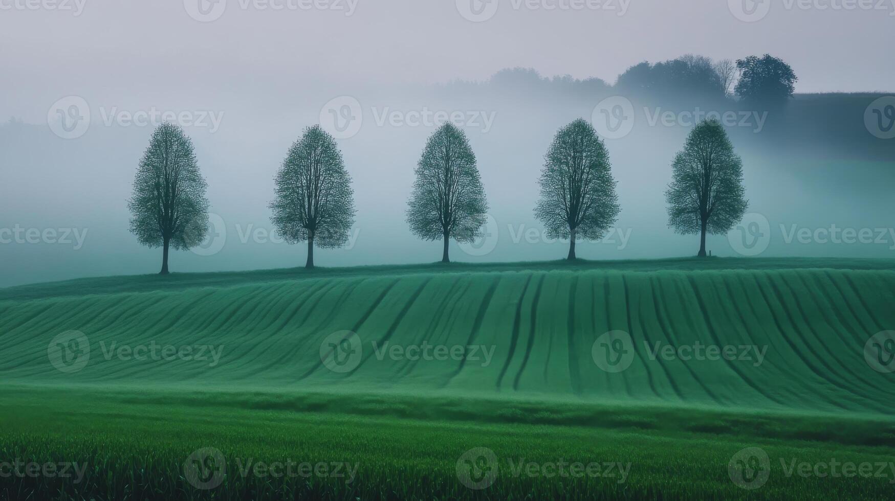 Serene Green Fields and Trees in Misty Landscape photo