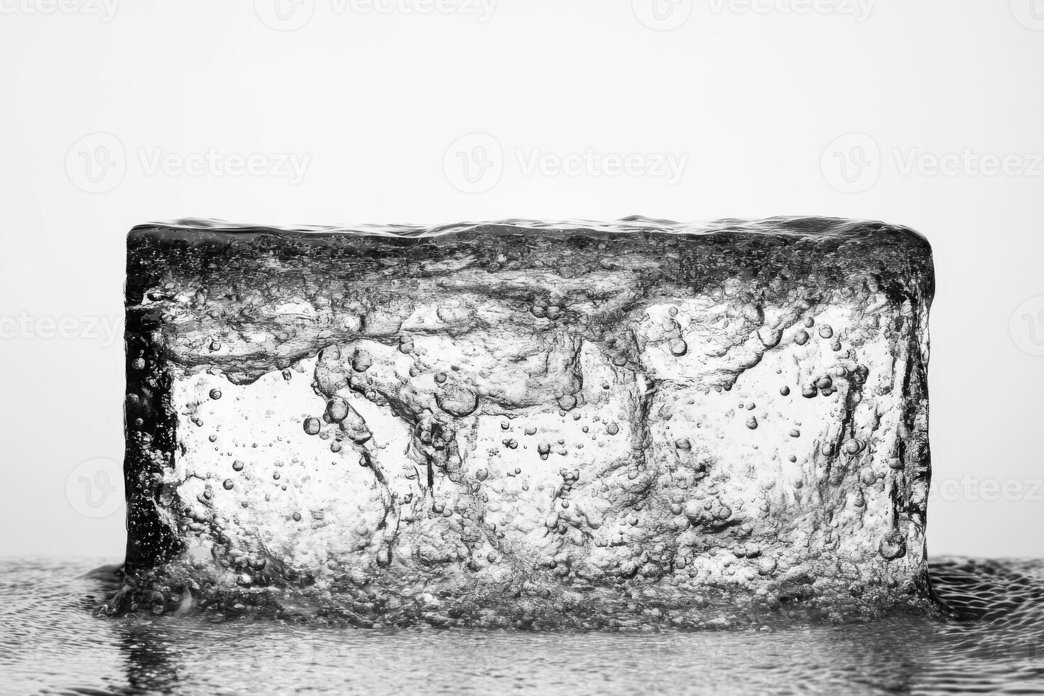 Ice Cube Emerging from Water with Intricate Bubble Patterns photo