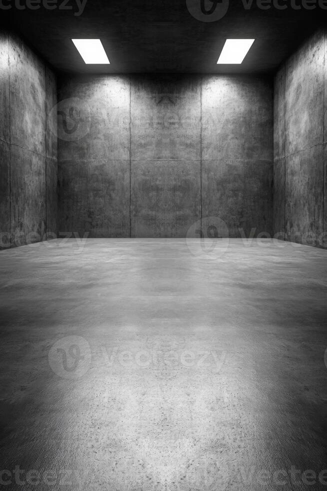 The concrete hall is illuminated by bright lamps photo