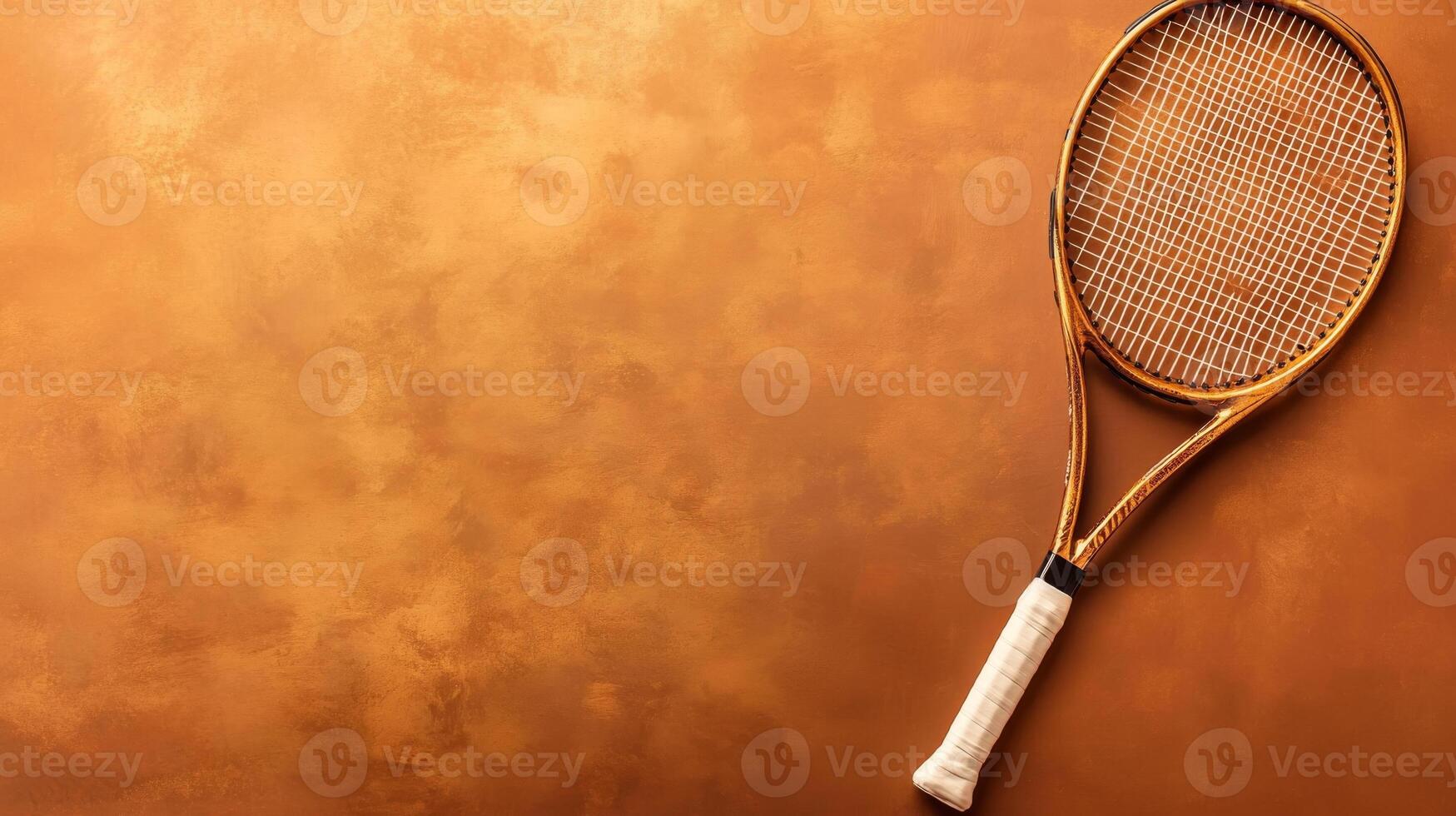 A yellow tennis racket lies on an orange textured background photo