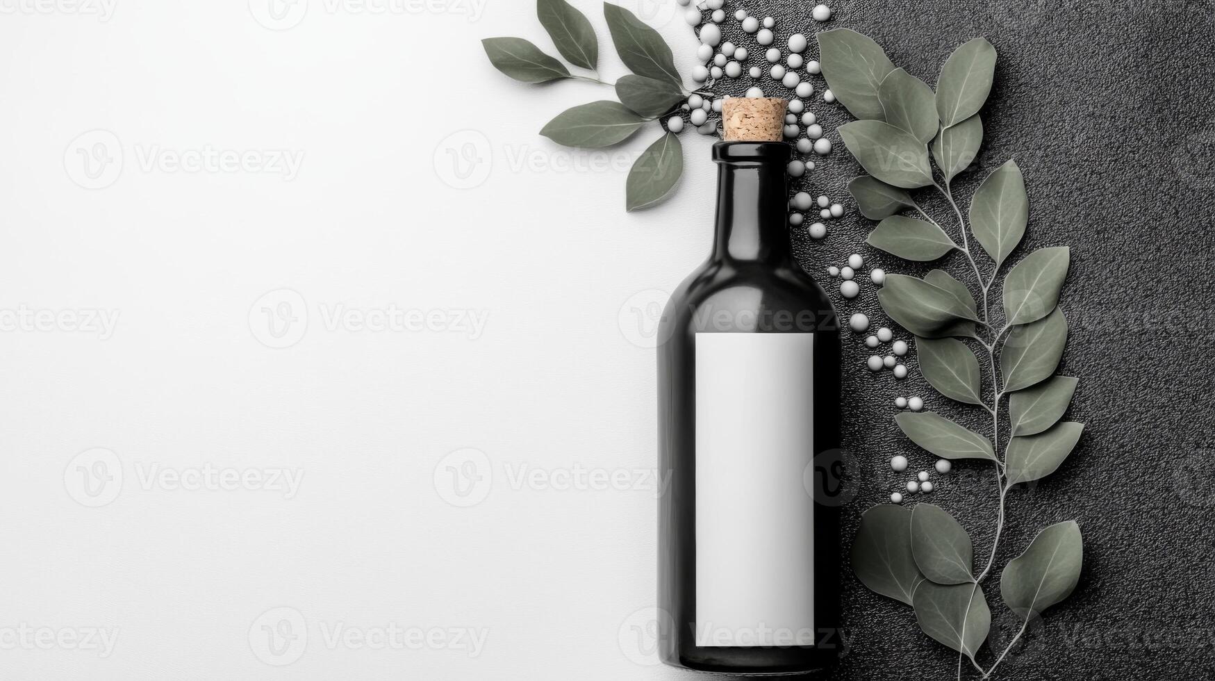 An elegant bottle with a white label in a minimalistic composition on the background photo