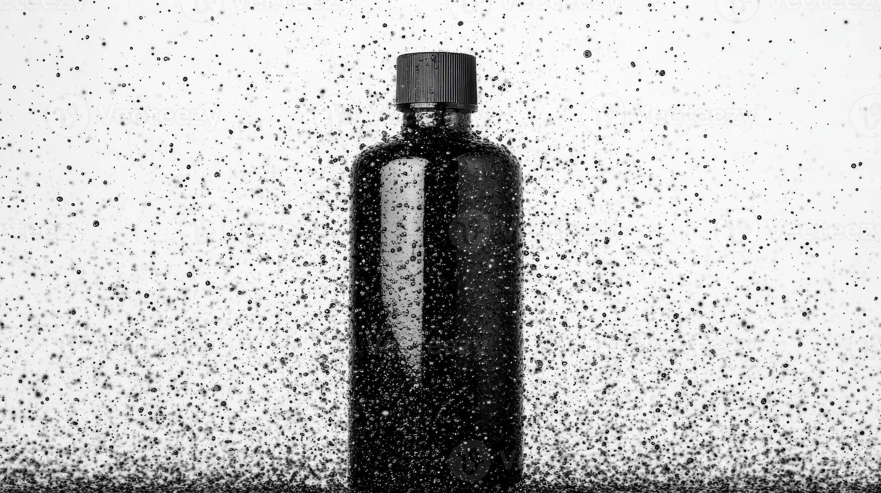 Minimalist black shampoo bottle in a dynamic splatter setting photo