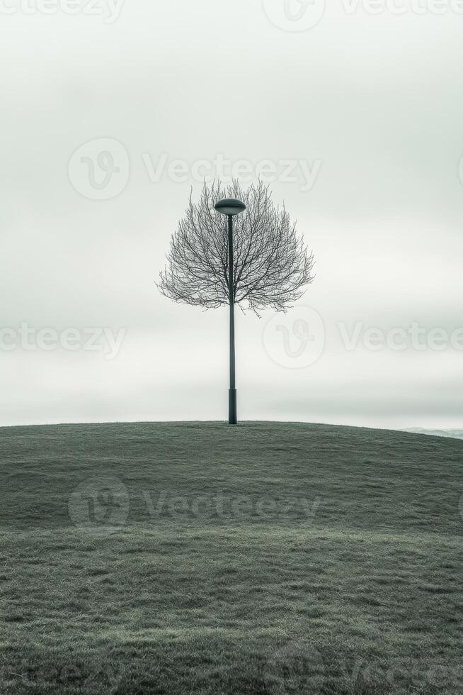 Solitary bare tree stands on a frosted grassy hill under overcast sky photo