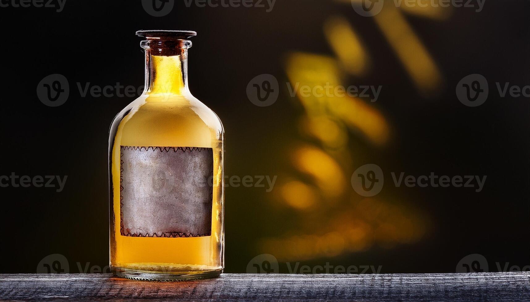 Vintage Glass Bottle Filled With Amber Liquid Displayed Against a Dark Background With Shadows photo