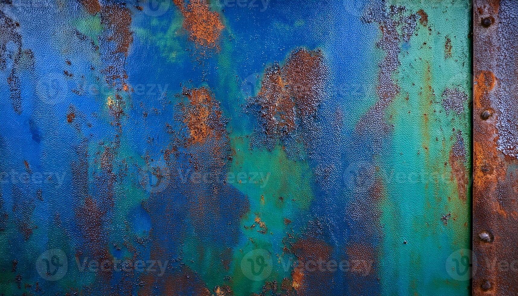 Rusty Metal Surface Shows Vibrant Blue and Green Colors in Urban Setting With Textures and Patterns Highlighting Decay photo