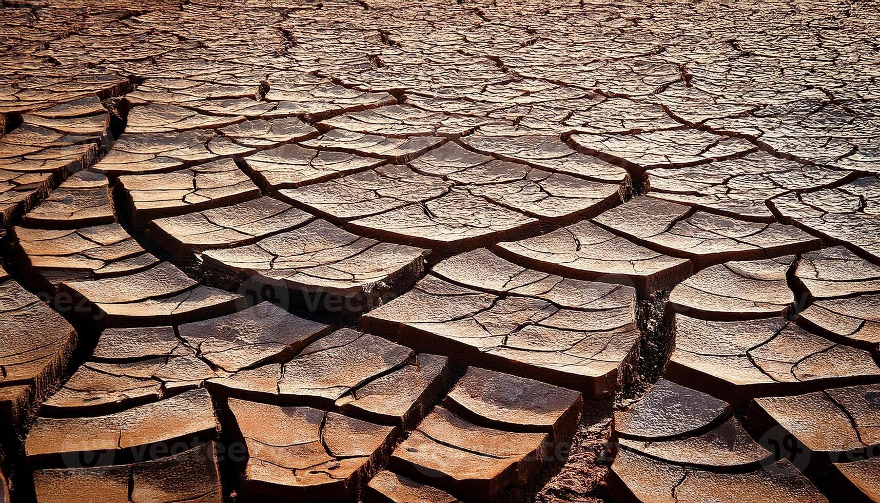 Cracked Earth Surface Revealing Drought Conditions in a Dry Landscape During Late Afternoon Sunlight photo