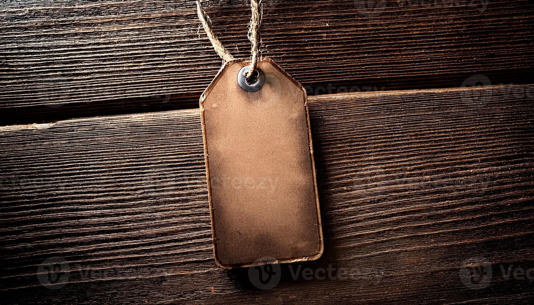 Blank Brown Tag Resting on Rustic Wooden Surface With Soft Lighting Highlighting Its Texture and Details photo