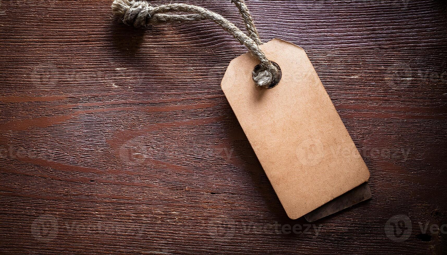 Empty Brown Tag Hanging From a Rope on a Rustic Wooden Surface With Natural Lighting Creating a Warm Atmosphere photo