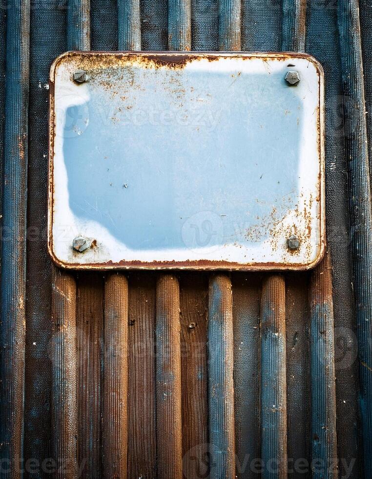 Rusty Metal Plate on a Weathered Corrugated Wall in an Industrial Setting photo