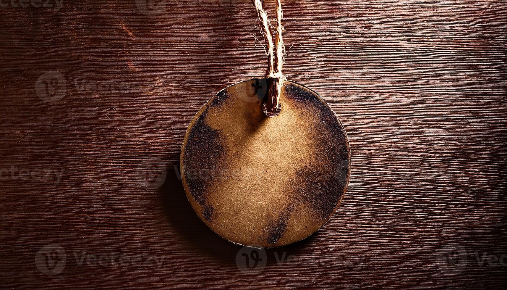 Rustic Round Leather Tag With a Vintage Appearance Hanging on a Wooden Surface in Soft Light photo