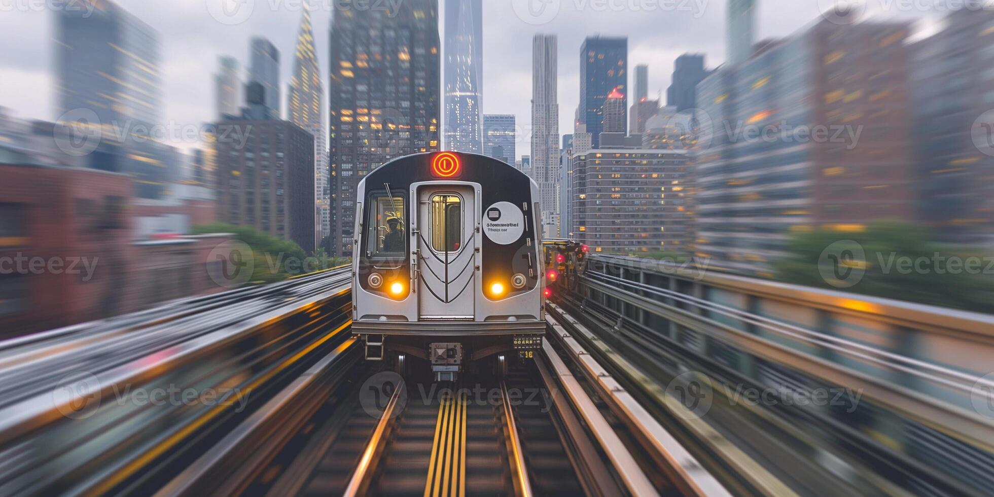 A sleek subway train emerges from a motion blur against a backdrop of towering skyscrapers in an urban setting. photo
