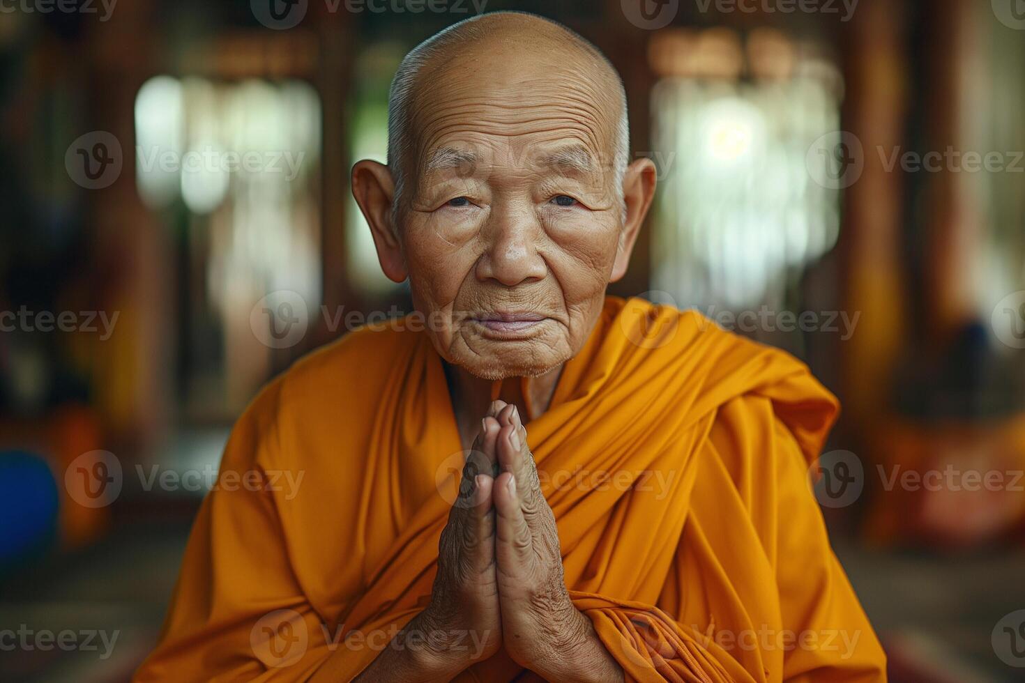 An elderly Asian monk in an orange robe, with hands in a prayer position, exuding peace and wisdom. photo
