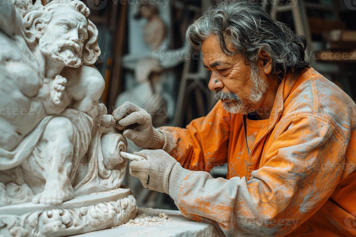 An elderly man sculpting a statue in a workshop, showcasing his expertise and dedication to the craft. photo
