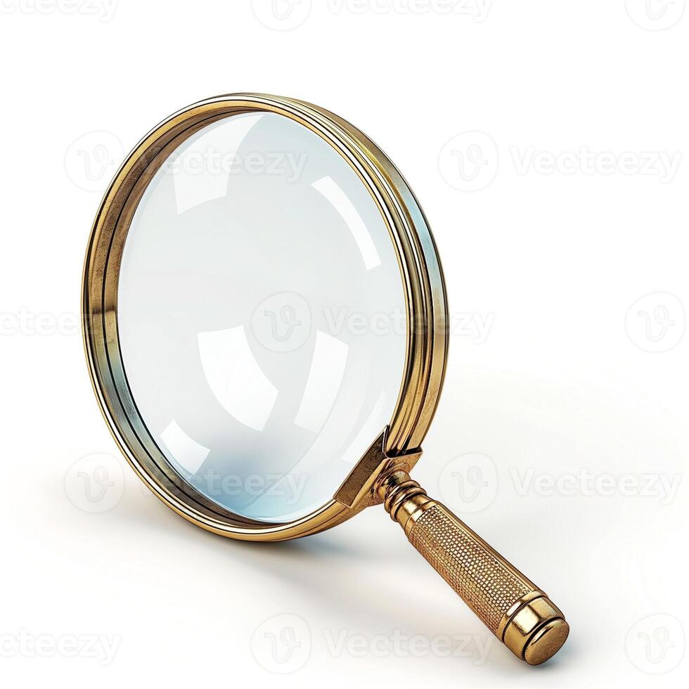 An elegant vintage magnifying glass with a brass frame and a textured handle, resting on a smooth surface. photo
