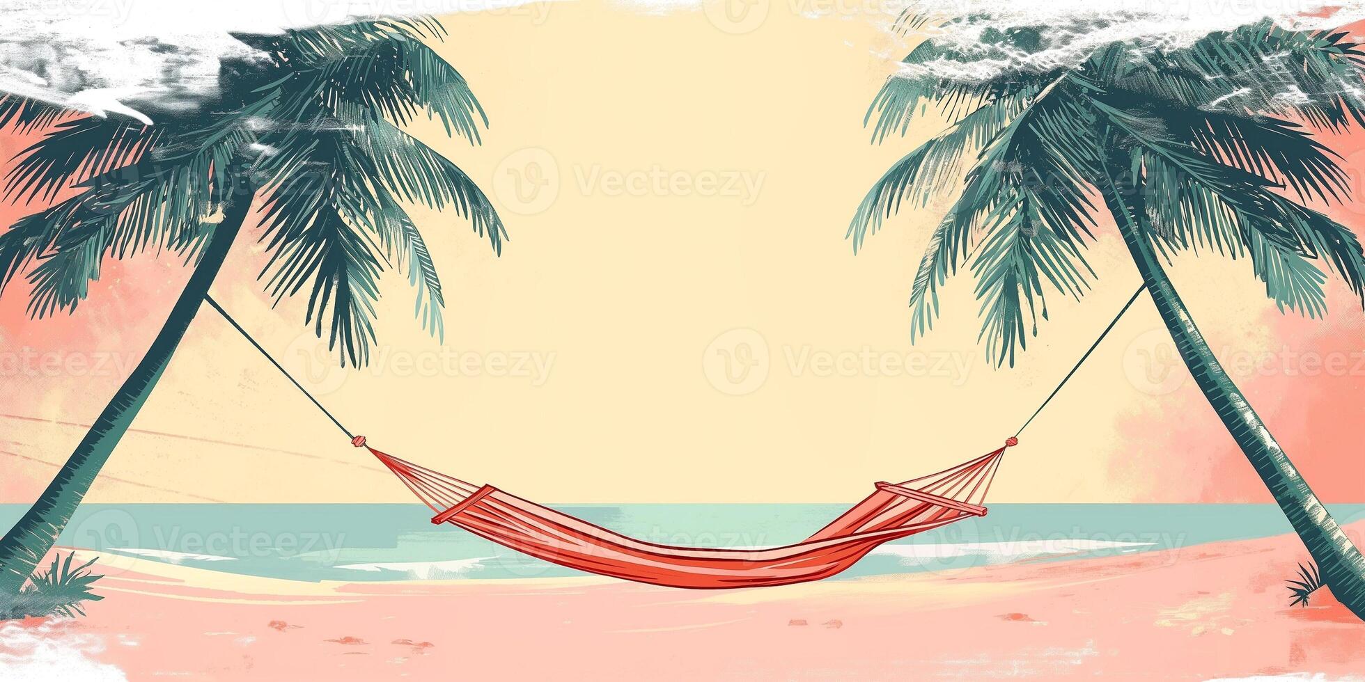 A serene view of a hammock swaying between two palm trees on a beach, with a warm sunset aura. photo