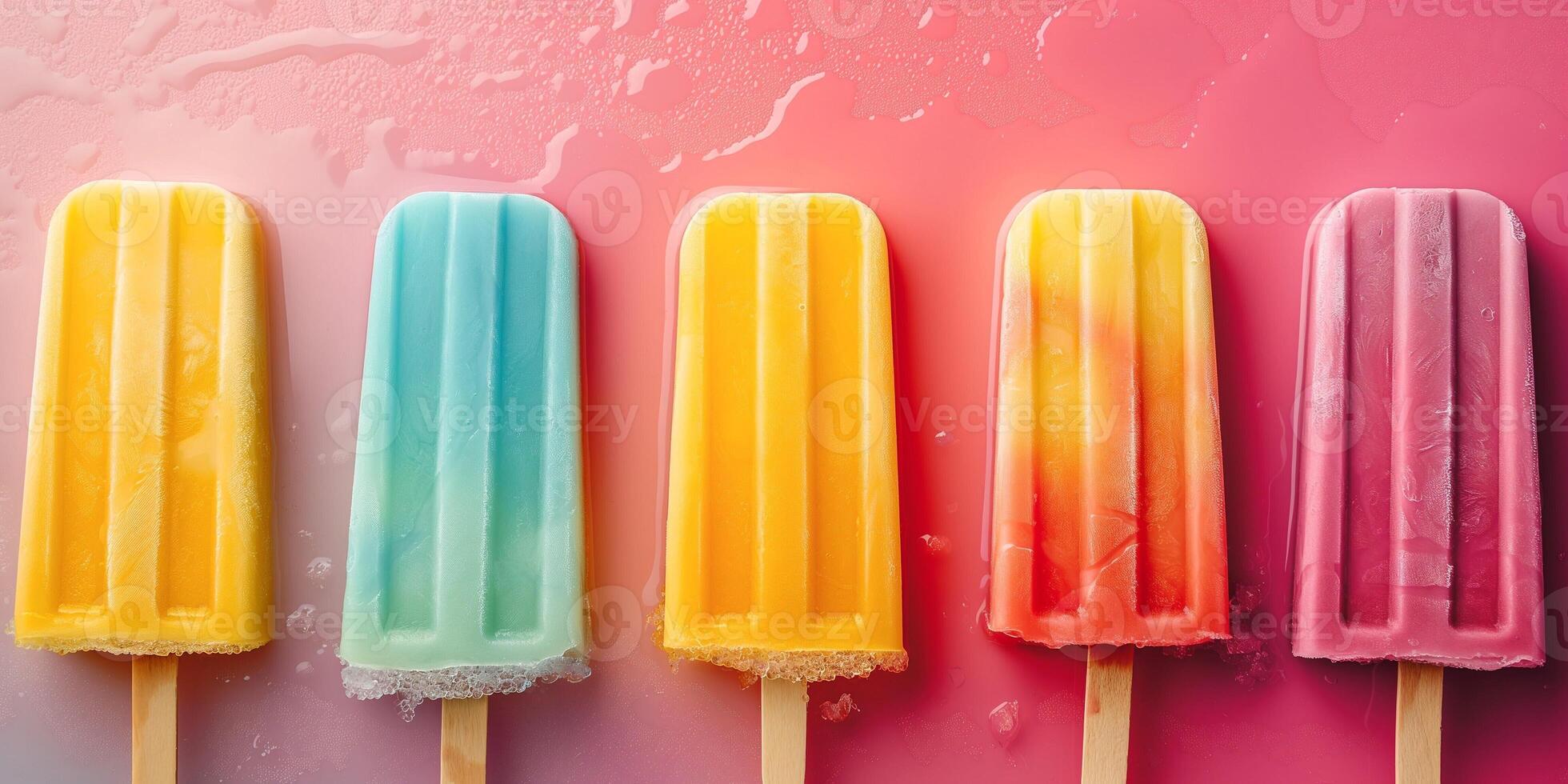 Colorful popsicles arranged on a vibrant pink background, showcasing a refreshing summer treat for warm days. photo
