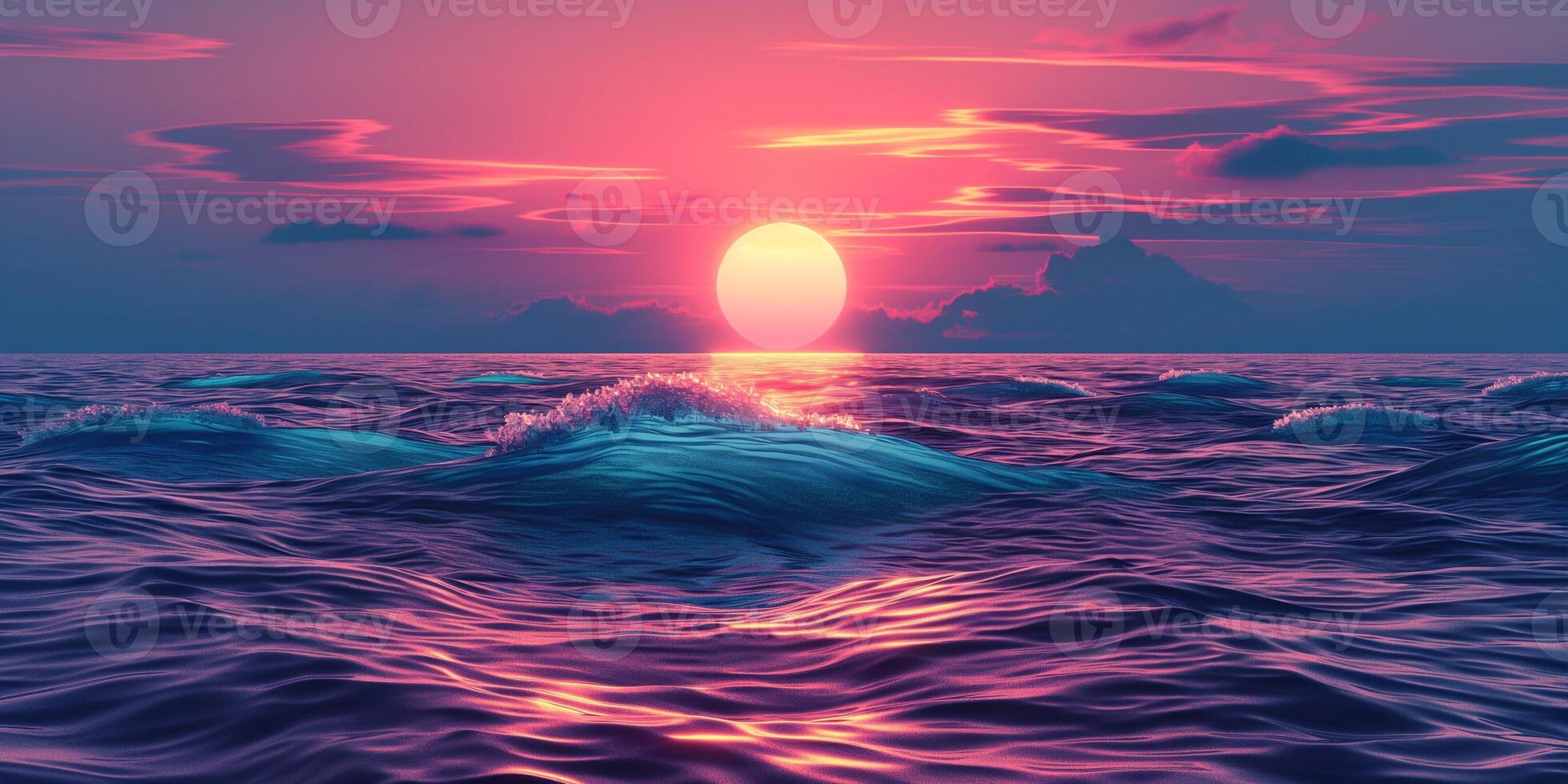 A breathtaking sunset over calm ocean waves, blending hues of pink and purple, creating a tranquil and serene atmosphere. photo