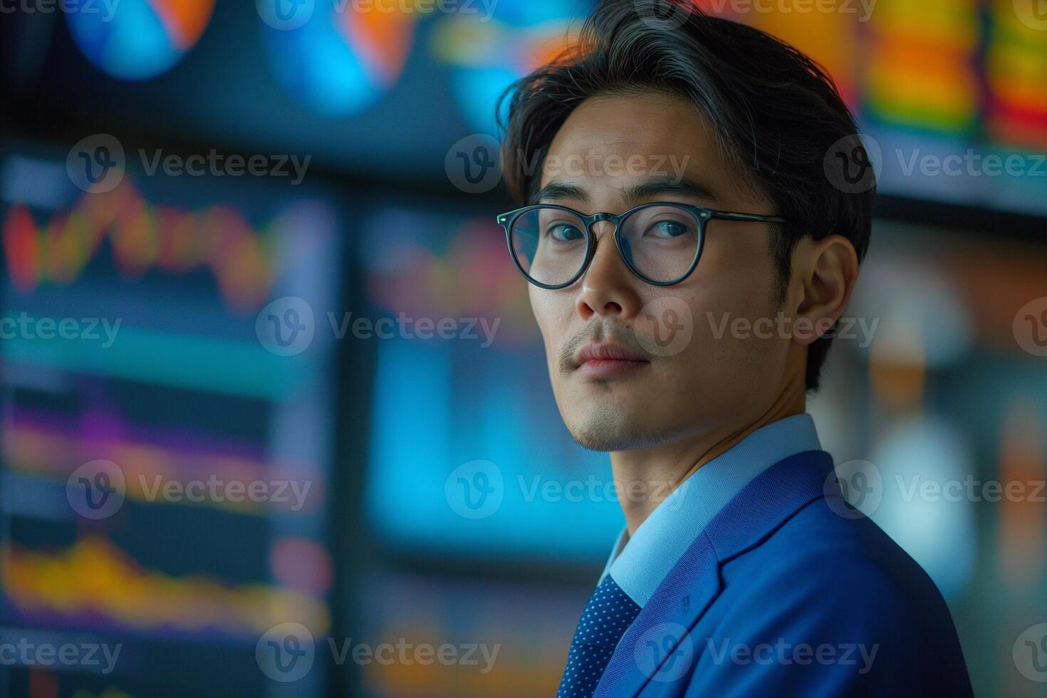 A focused Asian male professional in a blue suit analyzes financial data, exuding confidence and determination. photo