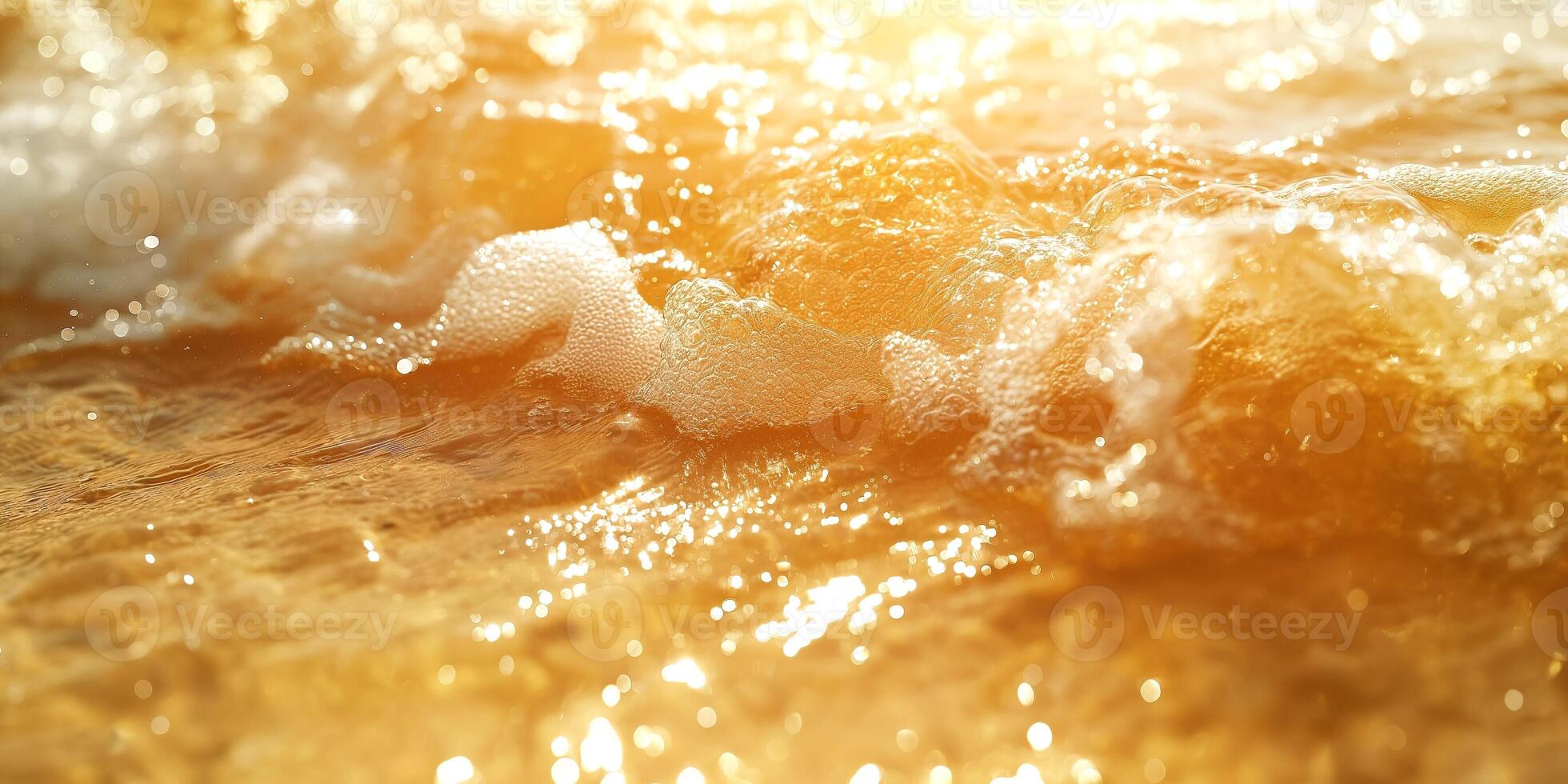 Golden waves gently crash on the shore, reflecting sunlight and creating a serene atmosphere. photo