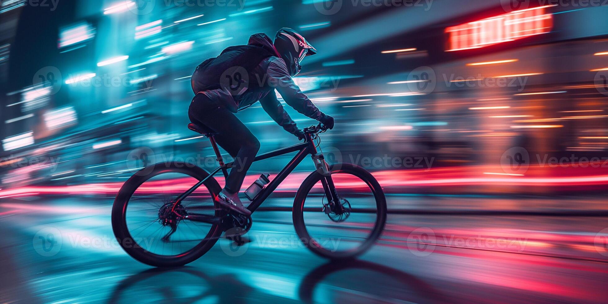 A male cyclist in urban setting speeds by at night, illuminated by vibrant neon lights and streaks of motion blur. photo