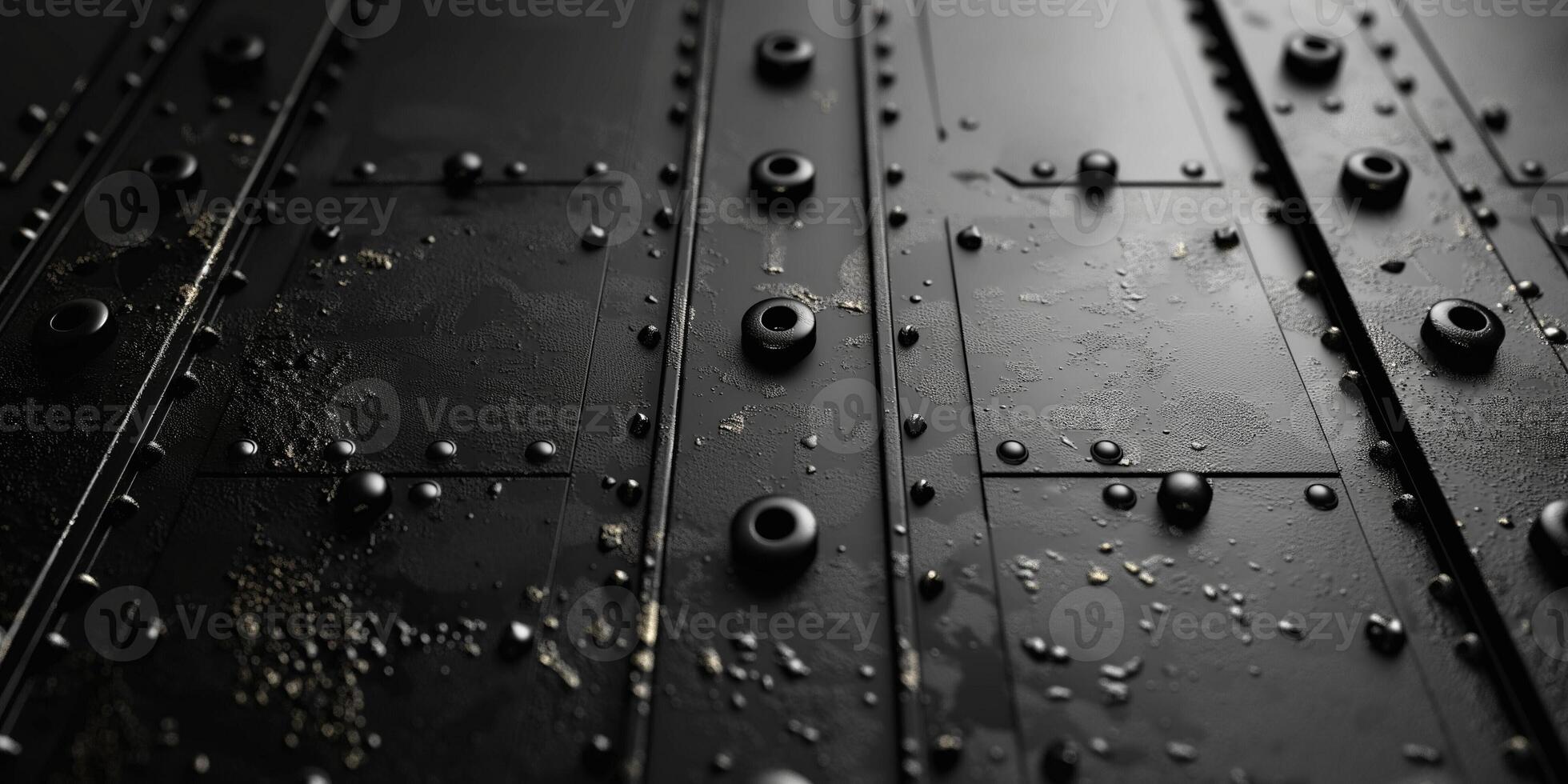 Close-up of textured black metal panels with rivets, showcasing a rugged and industrial surface. photo