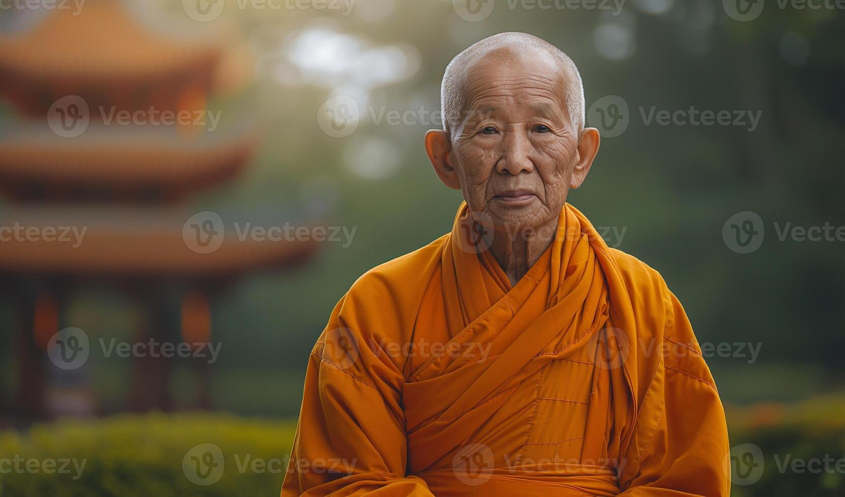 An elderly Asian monk in an orange robe, serene expression, seated outdoors with a traditional pagoda in the background. photo
