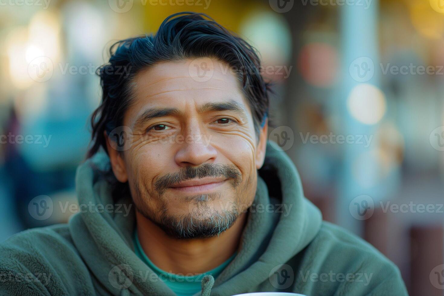 Smiling Hispanic man with long hair in a cozy hoodie, enjoying a warm beverage outdoors. photo