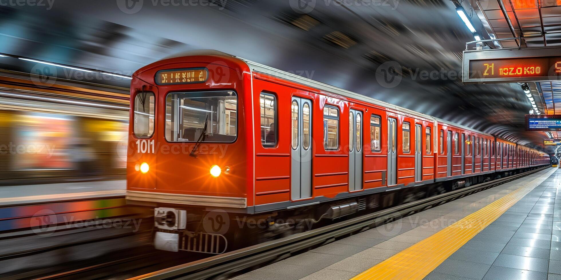 A vibrant red subway train speeds through a modern station, capturing the energy of urban transit. photo