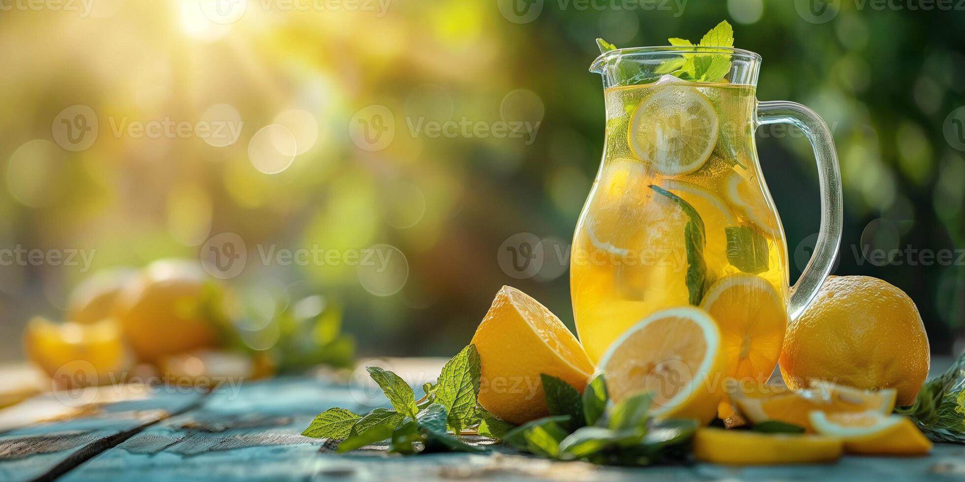 A refreshing pitcher of lemonade garnished with mint leaves and fresh lemon slices, basking in warm sunlight. photo